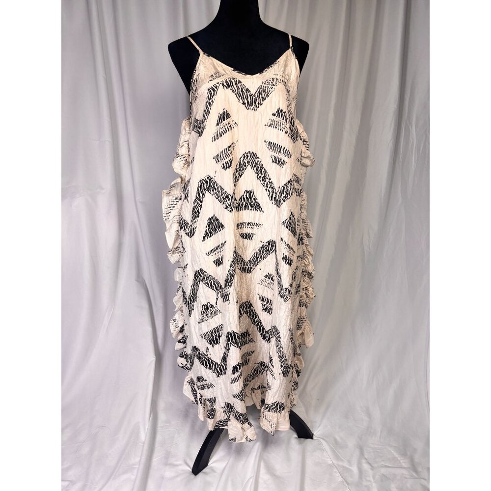 Joie Hayworth Printed Midi 100% Silk Dress - Ruffled Geometric Aztec Cream Black